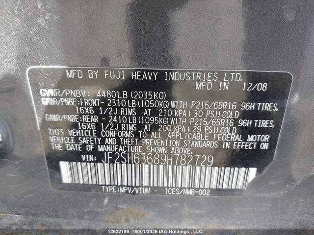 2009 Subaru Forester 2.5x Premium მანქანა იყიდება აუქციონზე, vin: JF2SH63689H782729, აუქციონის ნომერი: 12622186