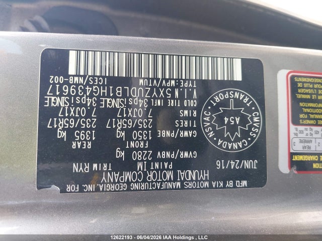 2017 Hyundai Santa Fe მანქანა იყიდება აუქციონზე, vin: 5XYZUDLB1HG439617, აუქციონის ნომერი: 12622193
