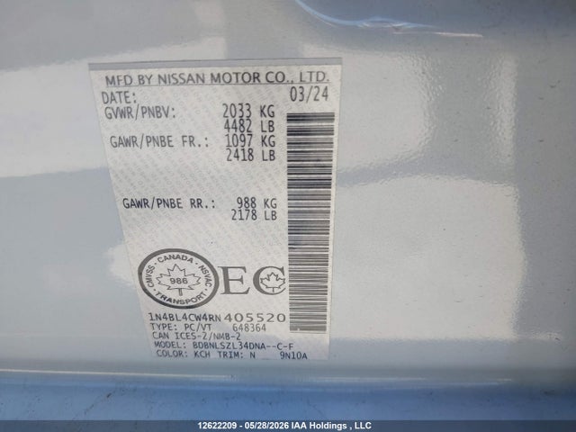 12622209 :رقم المزاد ، 1N4BL4CW4RN405520 vin ، 2024 Nissan Altima Sr مزاد بيع