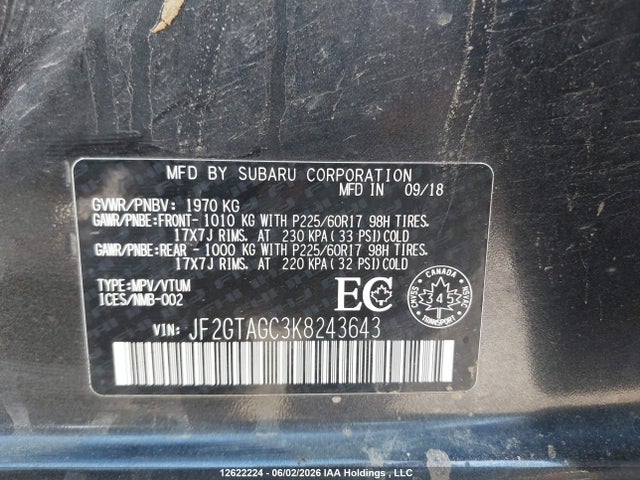 12622224 :رقم المزاد ، JF2GTAGC3K8243643 vin ، 2019 Subaru Crosstrek Premium مزاد بيع