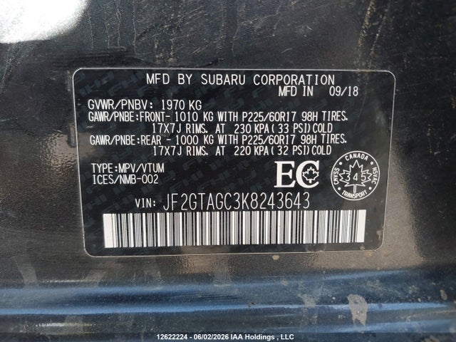 12622224 :رقم المزاد ، JF2GTAGC3K8243643 vin ، 2019 Subaru Crosstrek Premium مزاد بيع