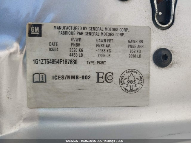 2004 Chevrolet Malibu Maxx Ls მანქანა იყიდება აუქციონზე, vin: 1G1ZT64854F187880, აუქციონის ნომერი: 12622227