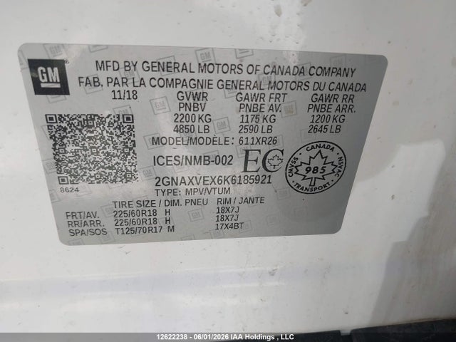 2019 Chevrolet Equinox Lt მანქანა იყიდება აუქციონზე, vin: 2GNAXVEX6K6185921, აუქციონის ნომერი: 12622238