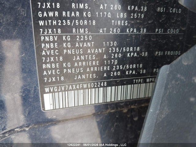 12622241 :رقم المزاد ، WVGJV7AX4FW602248 vin ، 2015 Volkswagen Tiguan S/se/sel/r-line مزاد بيع