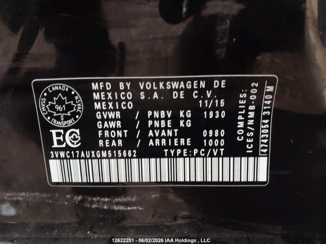 3VWC17AUXGM515662 Volkswagen Golf Sportwagen S/se/sel/limited
