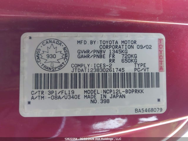 12622254 :رقم المزاد ، JTDAT123830261745 vin ، 2003 Toyota Echo مزاد بيع