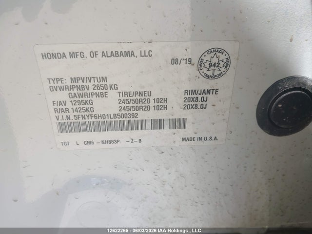Продаж на аукціоні авто 2020 Honda Pilot Black Edition, vin: 5FNYF6H01LB500392, номер лоту: 12622265