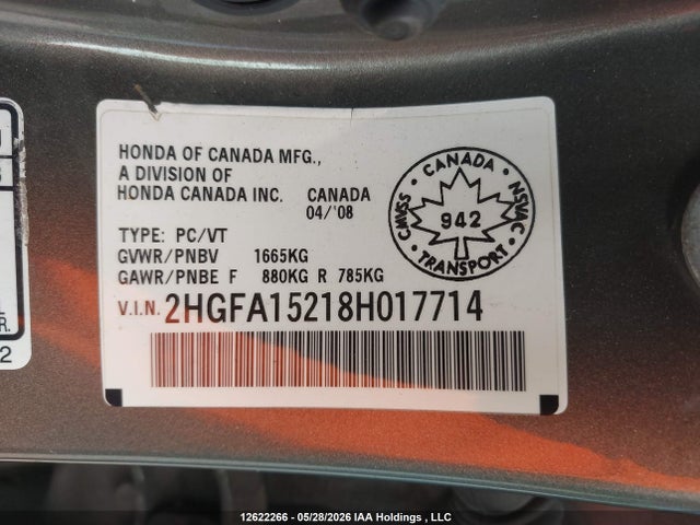 Продаж на аукціоні авто 2008 Honda Civic, vin: 2HGFA15218H017714, номер лоту: 12622266