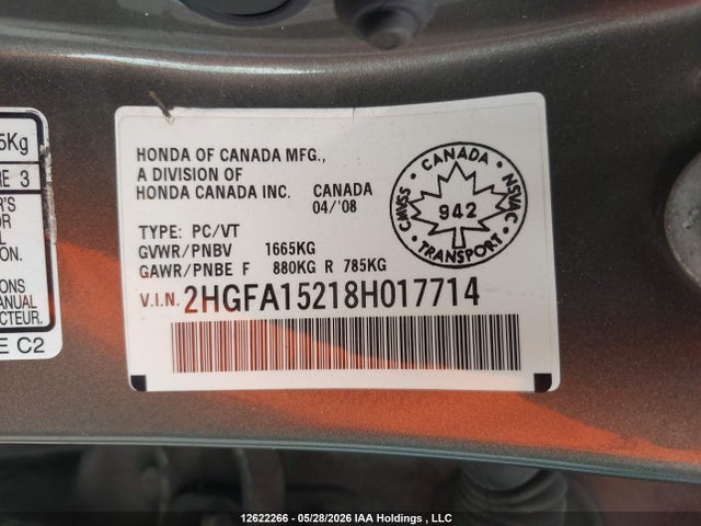 Продаж на аукціоні авто 2008 Honda Civic, vin: 2HGFA15218H017714, номер лоту: 12622266