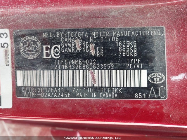Продажа на аукционе авто 2006 Toyota Corolla Ce/le/sport, vin: 2T1BR32E86C623552, номер лота: 12622273