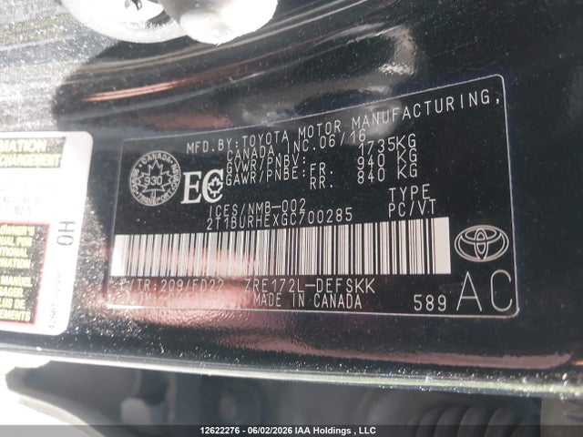 12622276 :رقم المزاد ، 2T1BURHEXGC700285 vin ، 2016 Toyota Corolla L/le/le Pls/prm/s/s Pls مزاد بيع