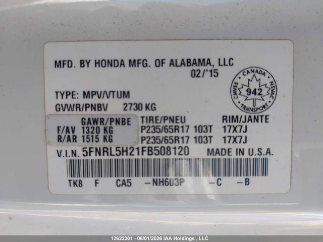 Продажа на аукционе авто 2015 Honda Odyssey Lx, vin: 5FNRL5H21FB508120, номер лота: 12622301