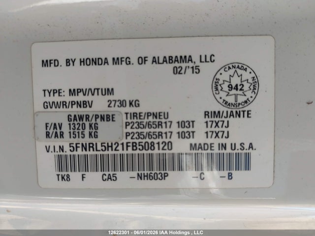 Продажа на аукционе авто 2015 Honda Odyssey Lx, vin: 5FNRL5H21FB508120, номер лота: 12622301