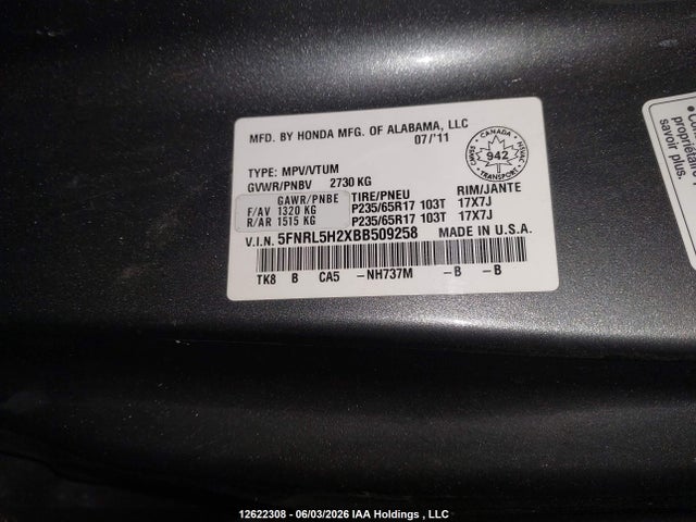 12622308 :رقم المزاد ، 5FNRL5H2XBB509258 vin ، 2011 Honda Odyssey مزاد بيع