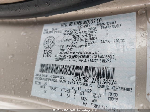 Продажа на аукционе авто 2007 Ford Fusion Sel, vin: 3FAHP08127R134424, номер лота: 12622311