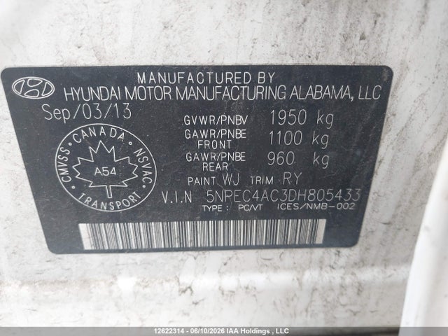 Продажа на аукционе авто 2013 Hyundai Sonata Se, vin: 5NPEC4AC3DH805433, номер лота: 12622314