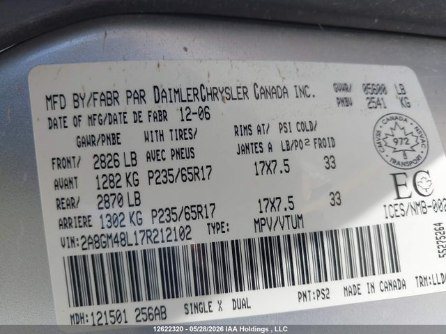 Продаж на аукціоні авто 2007 Chrysler Pacifica, vin: 2A8GM48L17R212102, номер лоту: 12622320