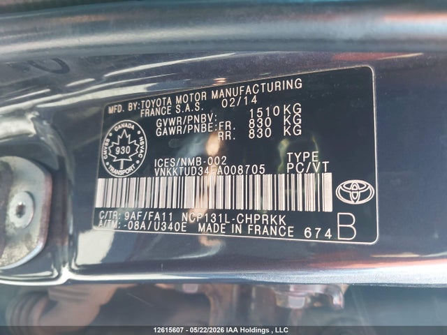 2014 Toyota Yaris Le მანქანა იყიდება აუქციონზე, vin: VNKKTUD34EA008705, აუქციონის ნომერი: 12615607