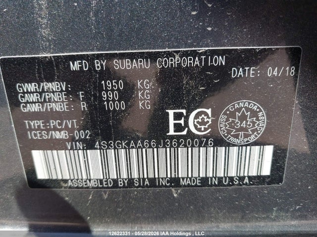 2018 Subaru Impreza Convenience მანქანა იყიდება აუქციონზე, vin: 4S3GKAA66J3620076, აუქციონის ნომერი: 12622331