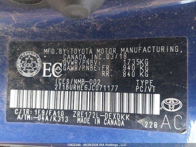2018 Toyota Corolla Se მანქანა იყიდება აუქციონზე, vin: 2T1BURHE6JC071177, აუქციონის ნომერი: 12622340