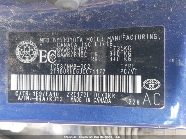 2018 Toyota Corolla Se მანქანა იყიდება აუქციონზე, vin: 2T1BURHE6JC071177, აუქციონის ნომერი: 12622340