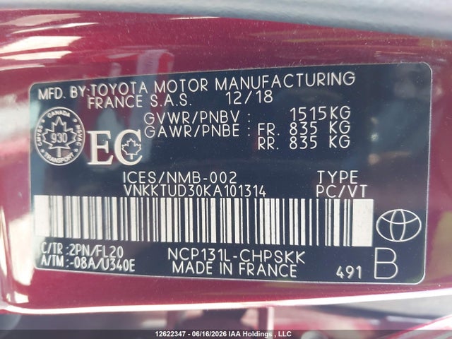 12622347 :رقم المزاد ، VNKKTUD30KA101314 vin ، 2019 Toyota Yaris L/le/se مزاد بيع