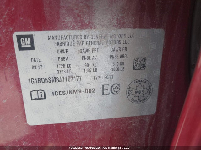 Продаж на аукціоні авто 2018 Chevrolet Cruze Lt Manual, vin: 1G1BD5SM8J7107177, номер лоту: 12622353