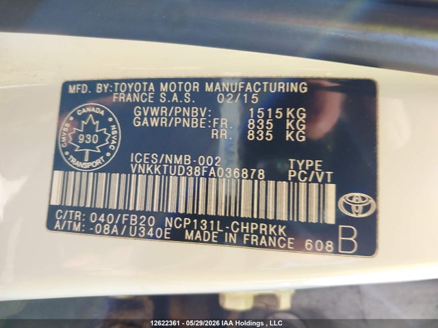 VNKKTUD38FA036878 Toyota Yaris