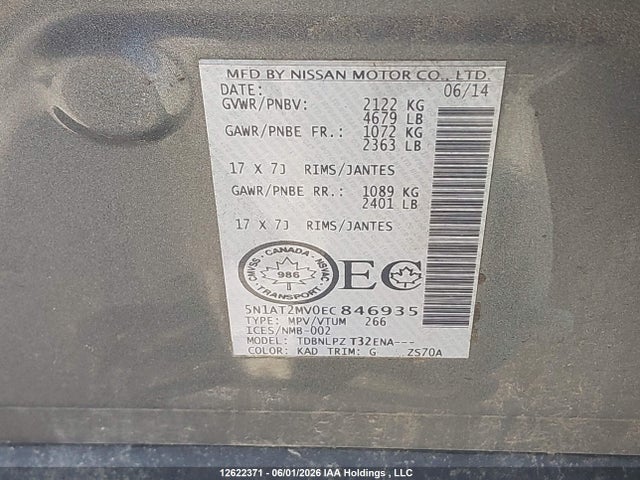 12622371 :رقم المزاد ، 5N1AT2MV0EC846935 vin ، 2014 Nissan Rogue S/sl/sv مزاد بيع