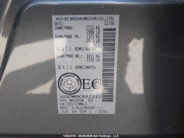 Aukcja sprzedaży 2017 Nissan Pathfinder S/sv/sl/platinum, vin: 5N1DR2MM9HC642335, numer aukcji: 12622376