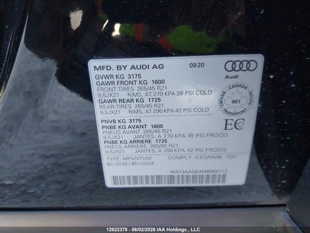 Aukcja sprzedaży 2021 Audi E-tron 55 Technik, vin: WA13AAGE4MB005112, numer aukcji: 12622378