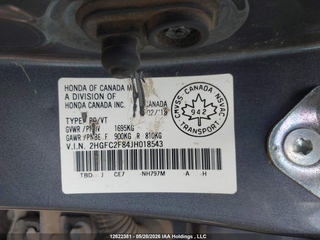 12622381 :رقم المزاد ، 2HGFC2F84JH018543 vin ، 2018 Honda Civic Ex 4dr مزاد بيع