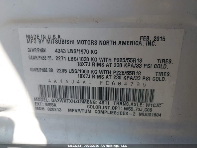 2015 Mitsubishi Rvr Gt მანქანა იყიდება აუქციონზე, vin: 4A4AJ4AU1FE604705, აუქციონის ნომერი: 12622383