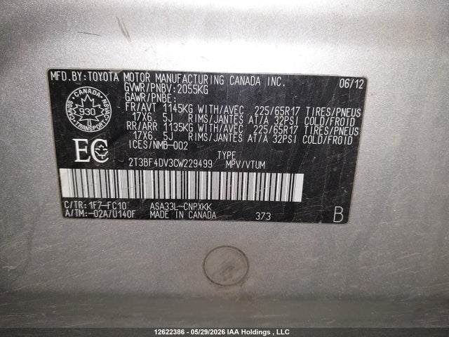 12622386 :رقم المزاد ، 2T3BF4DV3CW229499 vin ، 2012 Toyota Rav4 مزاد بيع