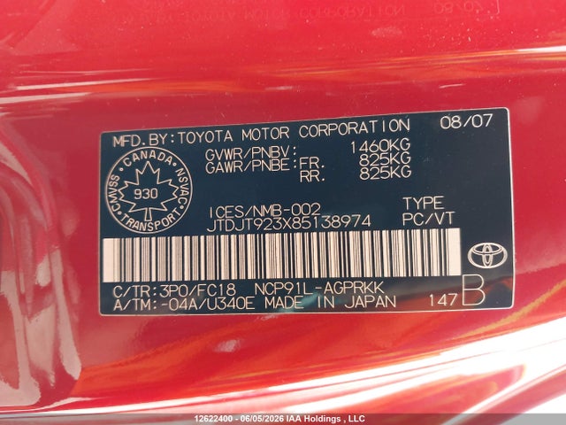 12622400 :رقم المزاد ، JTDJT923X85138974 vin ، 2008 Toyota Yaris Ce/rs مزاد بيع
