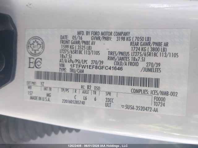 Aukcja sprzedaży 2016 Ford F150 Supercrew, vin: 1FTFW1EF8GFC41646, numer aukcji: 12622408