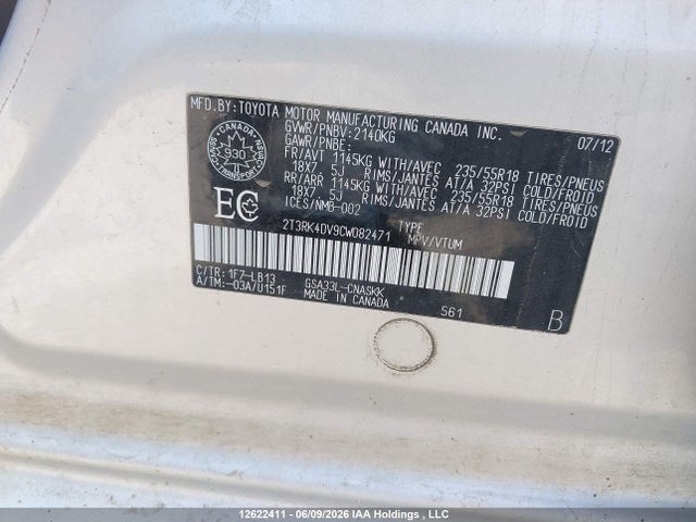 12622411 :رقم المزاد ، 2T3RK4DV9CW082471 vin ، 2012 Toyota Rav4 Sport V6 مزاد بيع