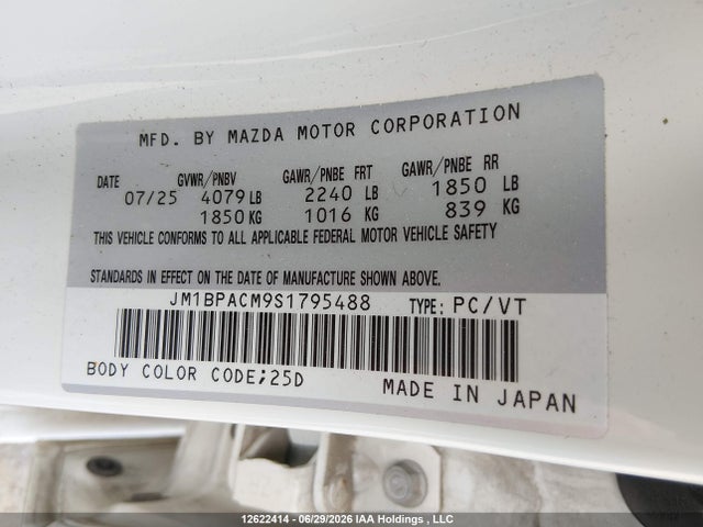 12622414 :رقم المزاد ، JM1BPACM9S1795488 vin ، 2025 Mazda Mazda3 مزاد بيع