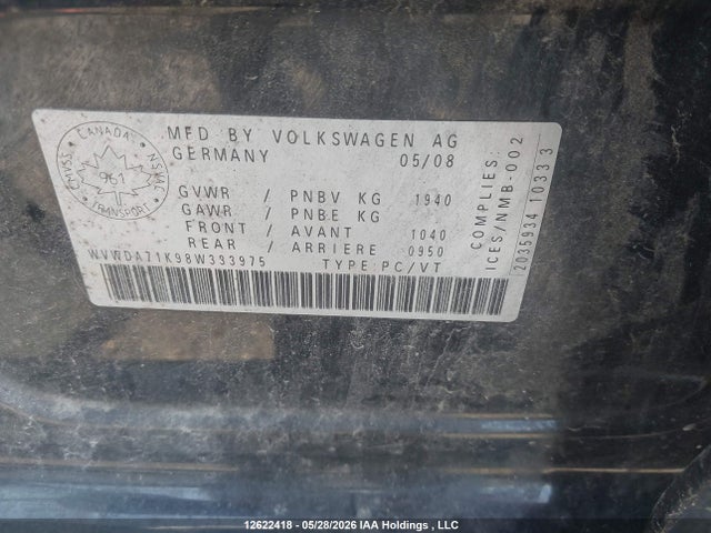 12622418 :رقم المزاد ، WVWDA71K98W333975 vin ، 2008 Volkswagen Rabbit مزاد بيع