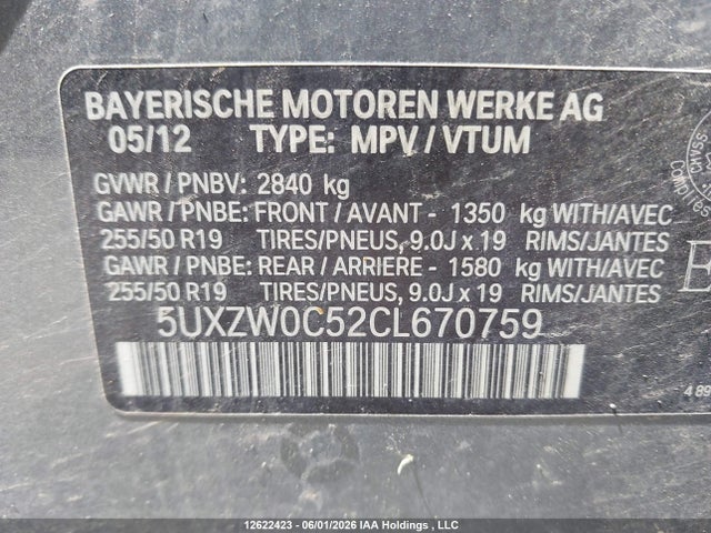 Продажа на аукционе авто 2012 Bmw X5 Xdrive35d, vin: 5UXZW0C52CL670759, номер лота: 12622423