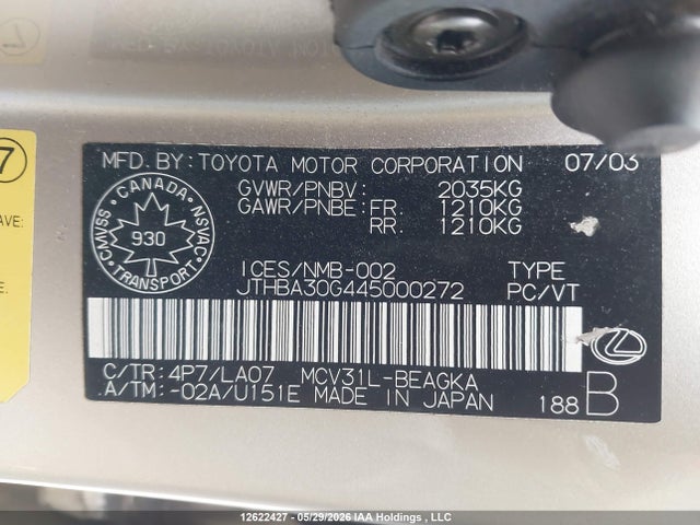 Продажа на аукционе авто 2004 Lexus Es 330, vin: JTHBA30G445000272, номер лота: 12622427