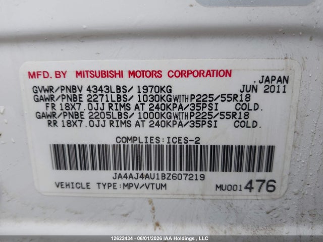 Продаж на аукціоні авто 2011 Mitsubishi Rvr Gt, vin: JA4AJ4AU1BZ607219, номер лоту: 12622434