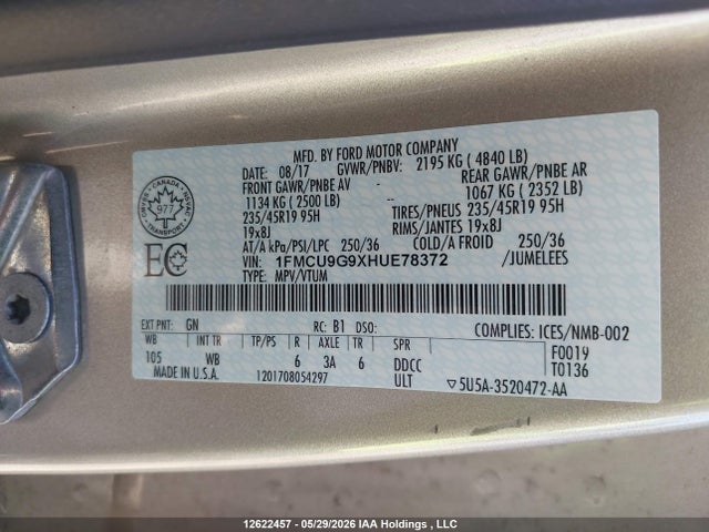 12622457 :رقم المزاد ، 1FMCU9G9XHUE78372 vin ، 2017 Ford Escape Se مزاد بيع