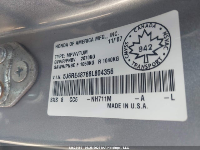 Auction sale of the 2008 Honda Cr-v Ex-l, vin: 5J6RE48768L804356, lot number: 12622459