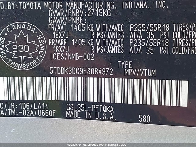 12622470 :رقم المزاد ، 5TDDK3DC9ES084972 vin ، 2014 Toyota Sienna Xle/limited مزاد بيع