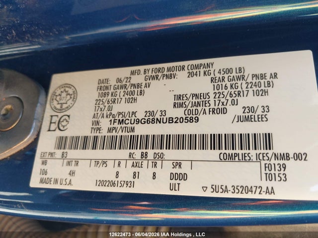 Ford ESCAPE SE 2022 1FMCU9G68NUB20589 Image 9