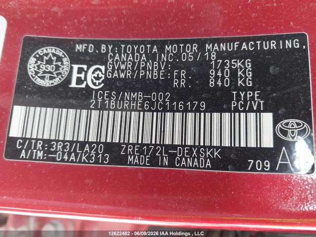 Продаж на аукціоні авто 2018 Toyota Corolla L/le/xle/se/xse, vin: 2T1BURHE6JC116179, номер лоту: 12622482