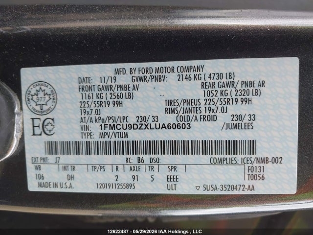 Aukcja sprzedaży 2020 Ford Escape Titanium Hybrid, vin: 1FMCU9DZXLUA60603, numer aukcji: 12622487