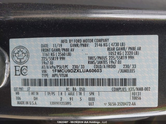Aukcja sprzedaży 2020 Ford Escape Titanium Hybrid, vin: 1FMCU9DZXLUA60603, numer aukcji: 12622487
