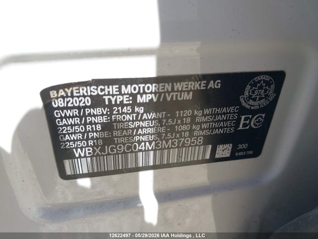 12622497 :رقم المزاد ، WBXJG9C04M3M37958 vin ، 2021 Bmw X1 Xdrive28i/xdrive28i Essential مزاد بيع